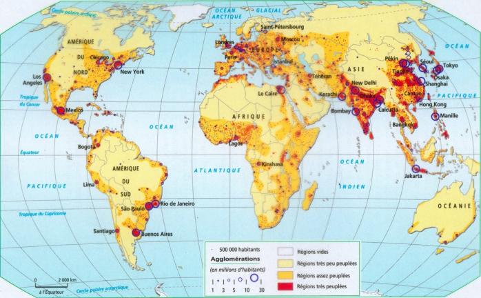 Carte repartition densite population mondiale agglomeration